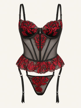 Embroidered Red Floral Mesh Lingerie Set with Strappy Details-Corset-Bellascena-Red-S-bellascena