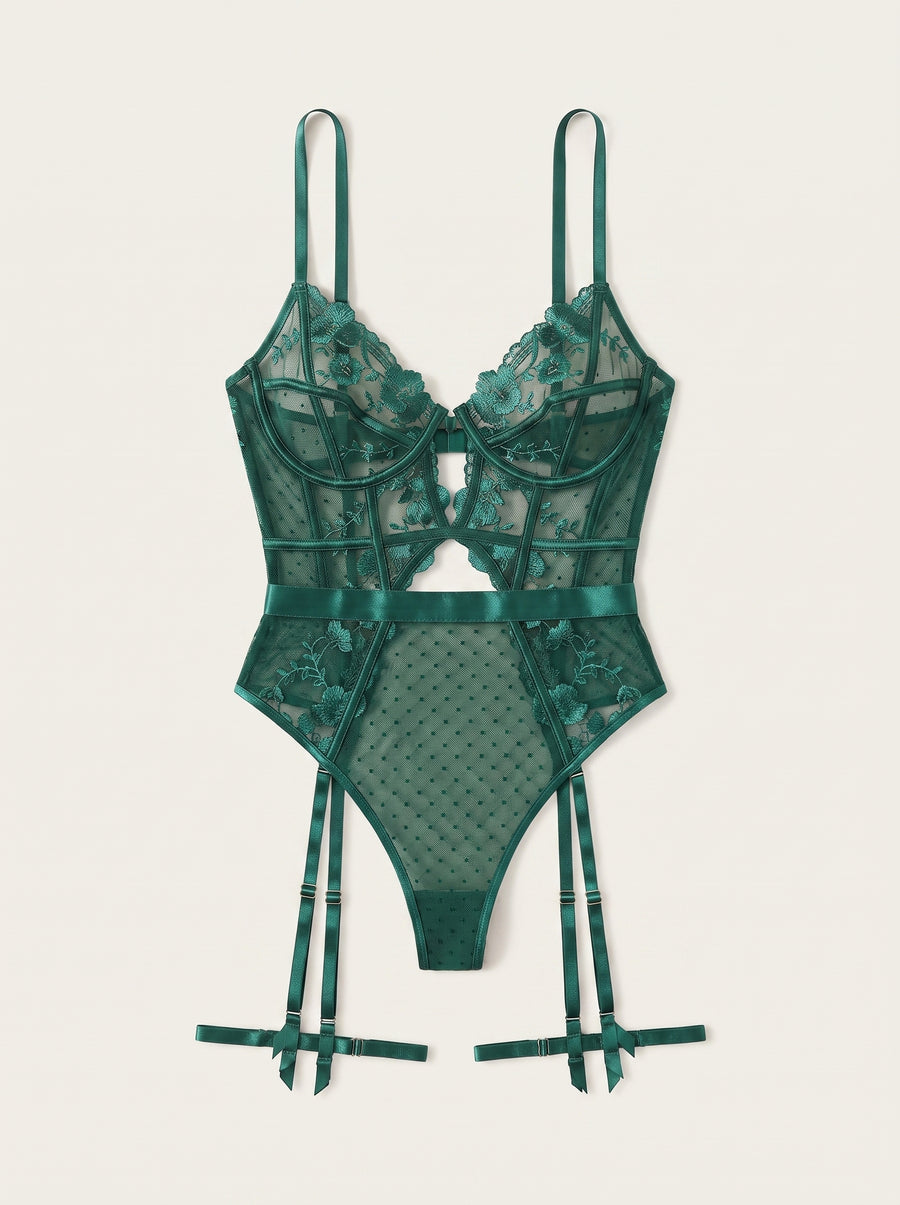 Emerald Floral Mesh Bodysuit with Strappy Cutout Design-Bodysuit-Bellascena-bellascena