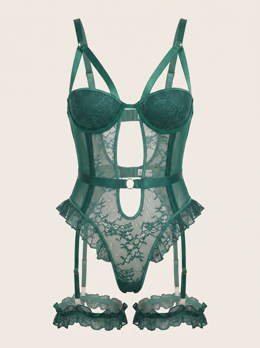 Emerald Green Lace Bodysuit with Strappy Sheer Design-Bodysuit-Bellascena-Green-S-bellascena