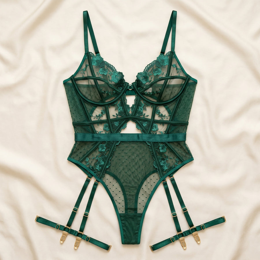 Emerald Green Mesh Bodysuit with Lace Pattern-Bodysuit-Bellascena-bellascena