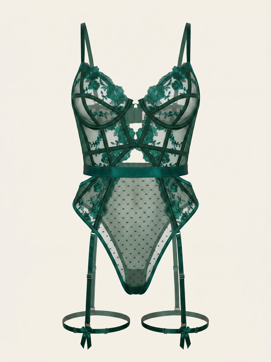 Emerald Green Mesh Bodysuit with Lace Pattern-Bodysuit-Bellascena-XS-Green-bellascena