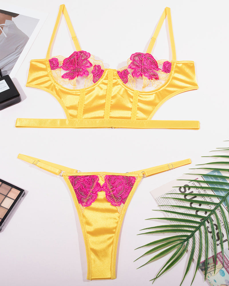 Enchanting Floral Pink Embroidered Mesh Lingerie Set with Strappy Details-Lingerie Set-Bellascena-bellascena