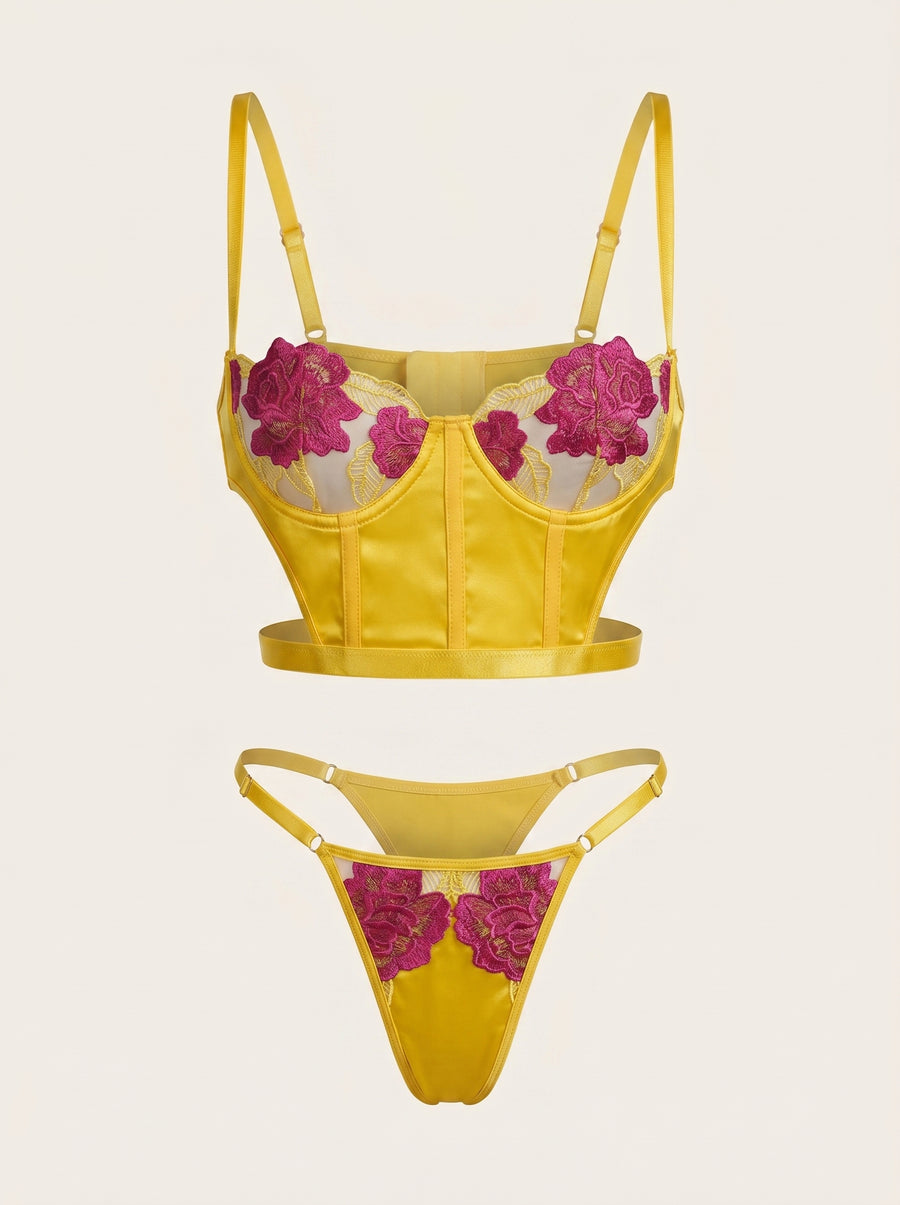 Enchanting Floral Pink Embroidered Mesh Lingerie Set with Strappy Details-Lingerie Set-Bellascena-bellascena