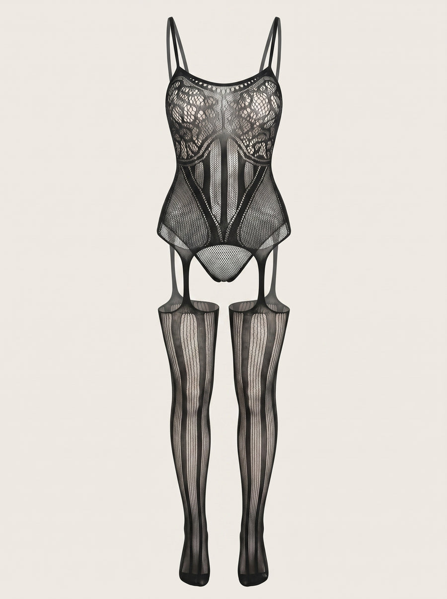 Exquisite Black Fishnet Bodysuit with Strappy Detail-Bodysuit-Bellascena-Black-One Size (Fit 80-145lb)-bellascena