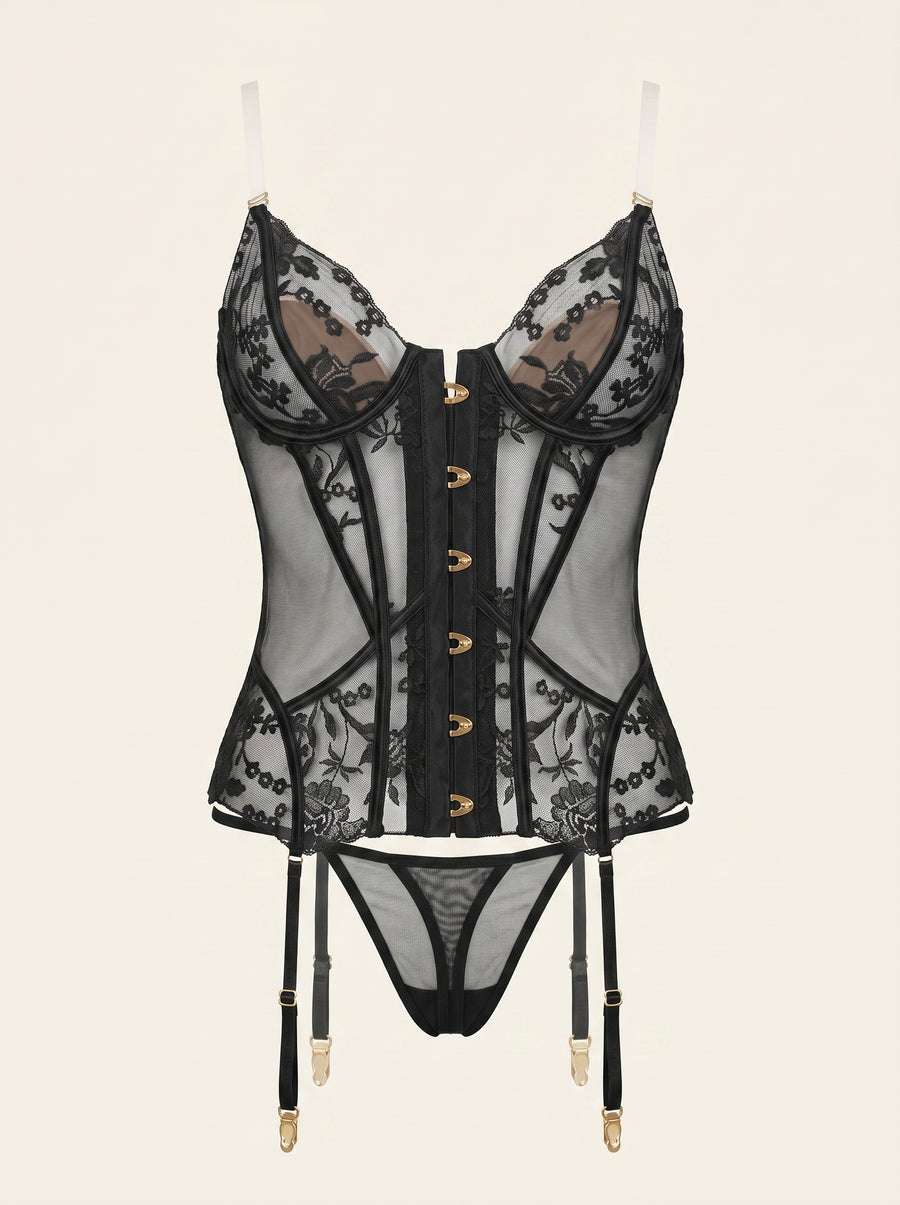 Exquisite Black Floral Embroidered Mesh Lingerie Set with Sheer Elegance-Corset-Bellascena-Black-S-bellascena