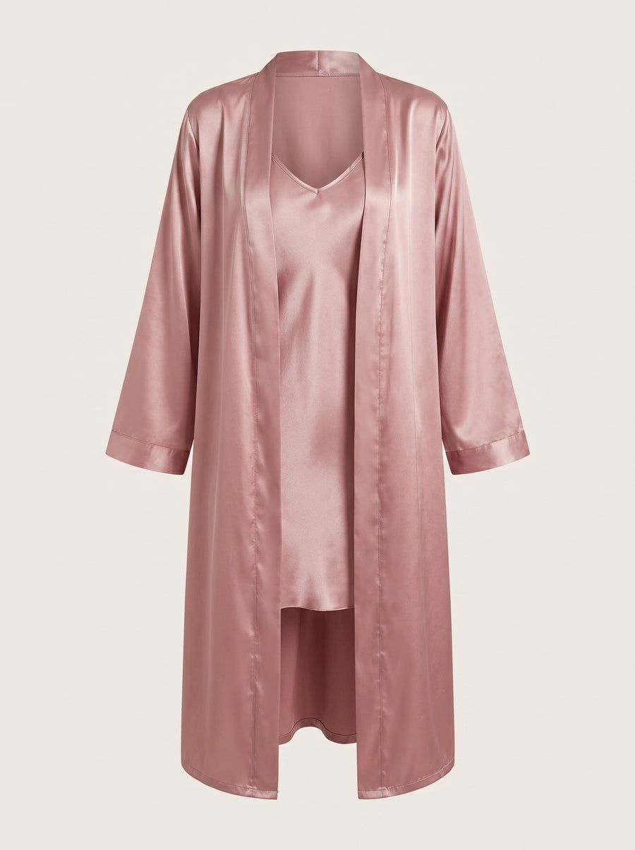 Exquisite Rose Pink Satin Kimono Robe with Belted Style-Kimono Robe-Bellascena-Pink-S-bellascena