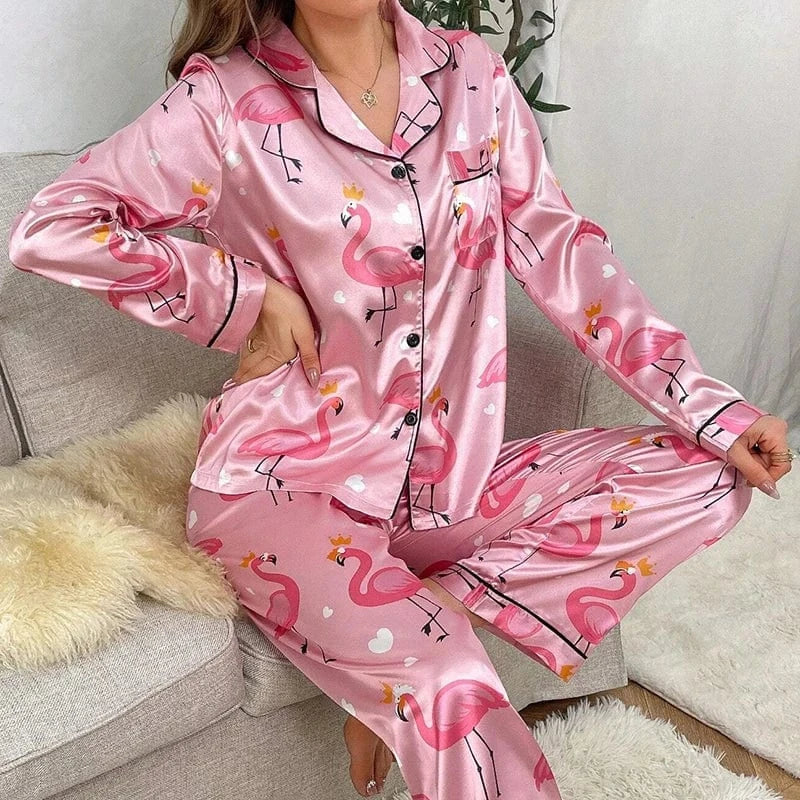 Flamingo Print Satin Pajama Set with Contrast Piping-Pajama Set-Bellascena-bellascena