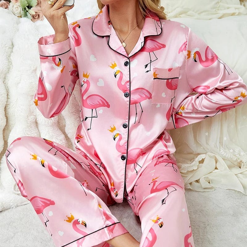 Flamingo Print Satin Pajama Set with Contrast Piping-Pajama Set-Bellascena-bellascena