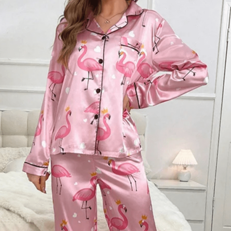 Flamingo Print Satin Pajama Set with Contrast Piping-Pajama Set-Bellascena-bellascena