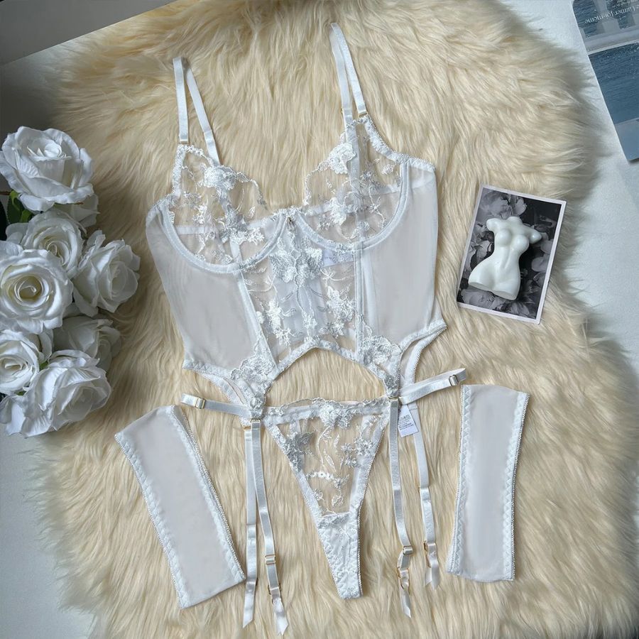 Floral Beige Embroidered Mesh Lingerie Set with Garter Attachments-Lingerie Set-Bellascena-bellascena