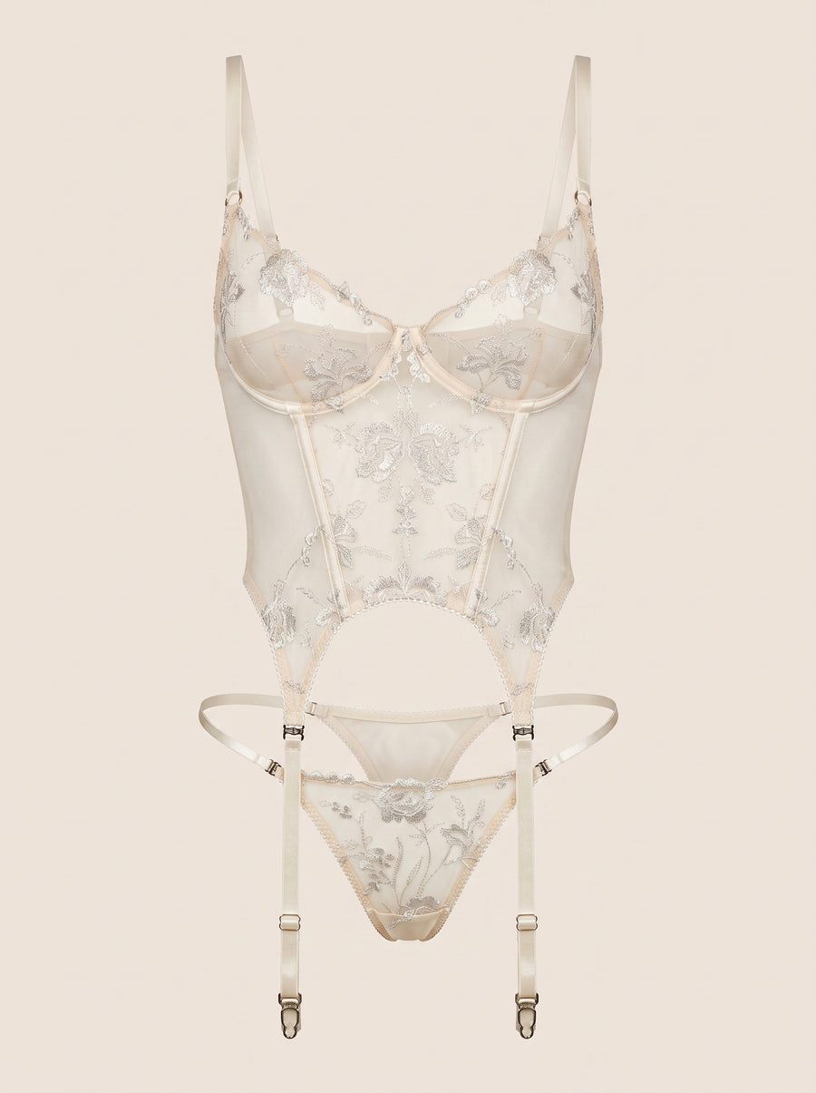 Floral Beige Embroidered Mesh Lingerie Set with Garter Attachments-Lingerie Set-Bellascena-S-Beige-bellascena