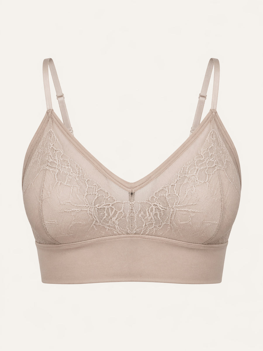 Floral Beige Lace Bra with Adjustable Straps and Sheer Finish-Bra-Bellascena-Beige-S/M-bellascena