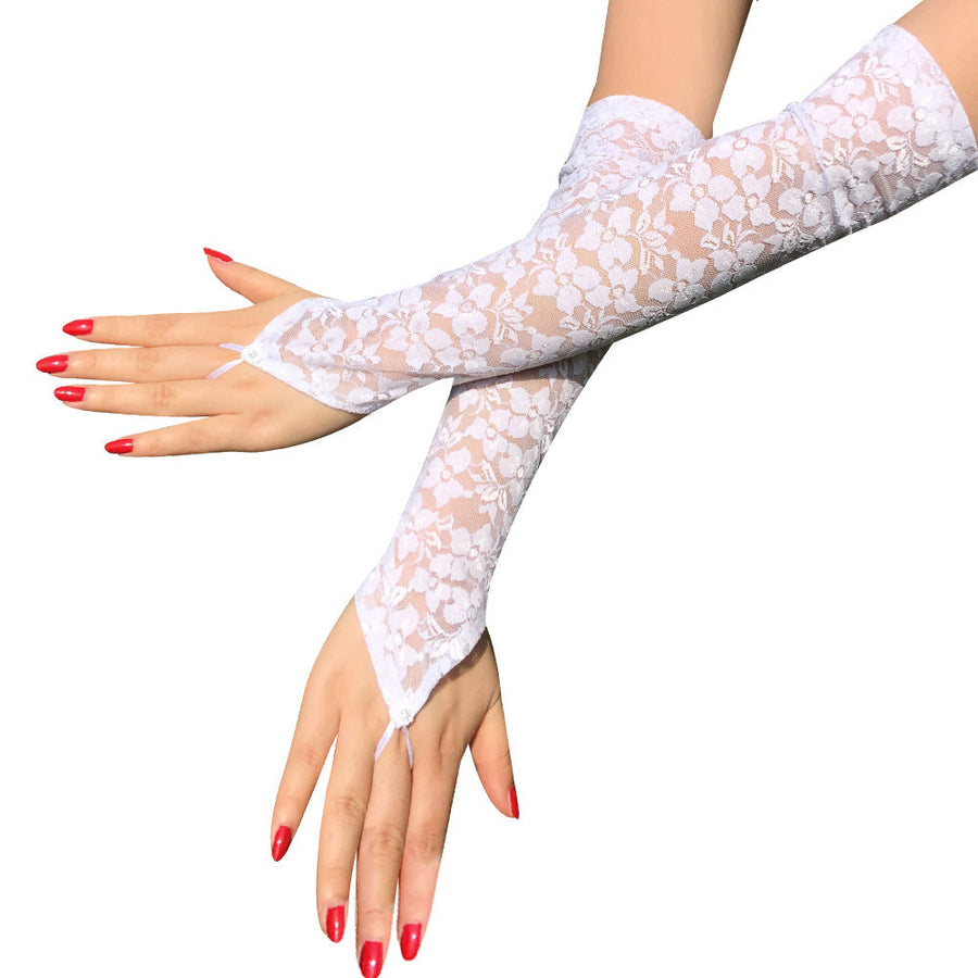 Floral Black Lace Fingerless Gloves with Sheer Detail-Gloves-Bellascena-bellascena
