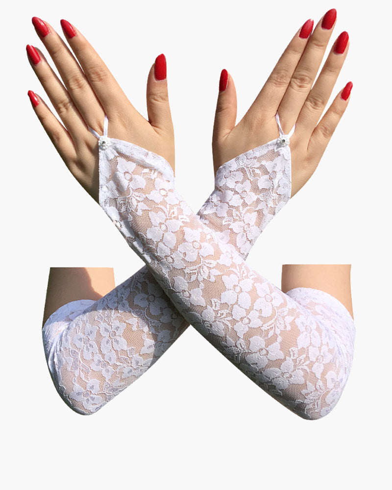 Floral Black Lace Fingerless Gloves with Sheer Detail-Gloves-Bellascena-bellascena