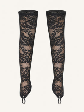 Floral Black Lace Fingerless Gloves with Sheer Detail-Gloves-Bellascena-Black-One Size-bellascena