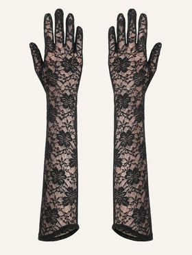 Floral Black Lace Gloves with Sheer Elegance-Gloves-Bellascena-Black-One Size-bellascena