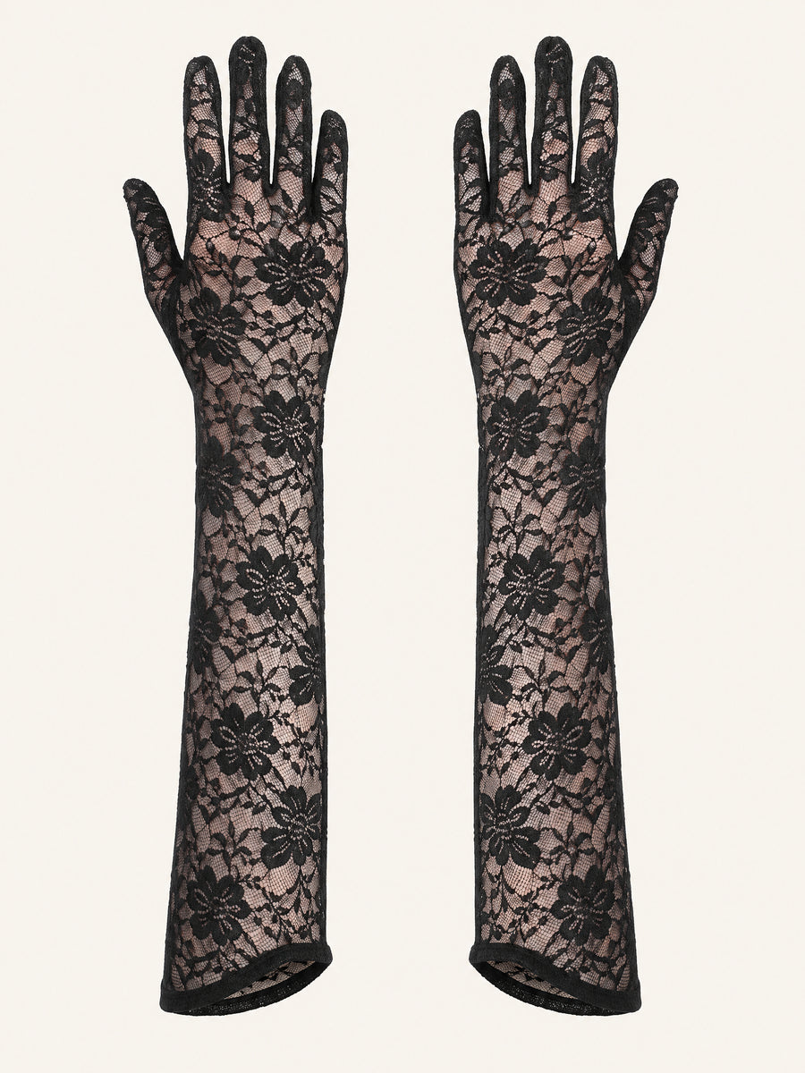 Floral Black Lace Gloves with Sheer Elegance-Gloves-Bellascena-Black-One Size-bellascena