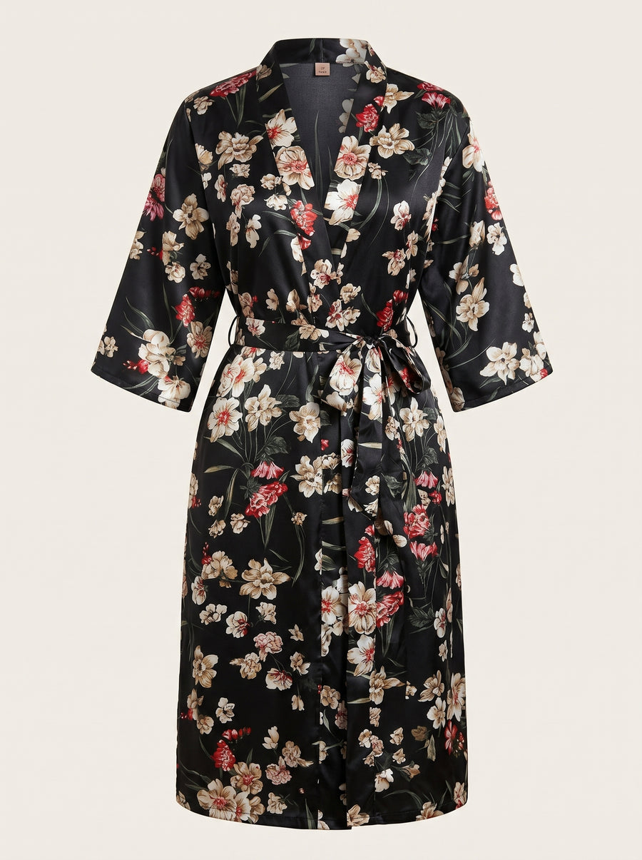 Floral Black Satin Kimono Robe with Tie Belt-Kimono Robe-Bellascena-Black-S-bellascena