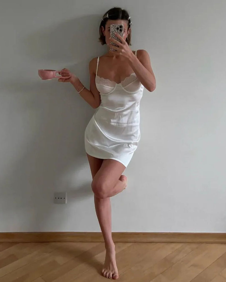 Floral Black Satin Nightgown with Lace Details-Nightgown-Bellascena-bellascena