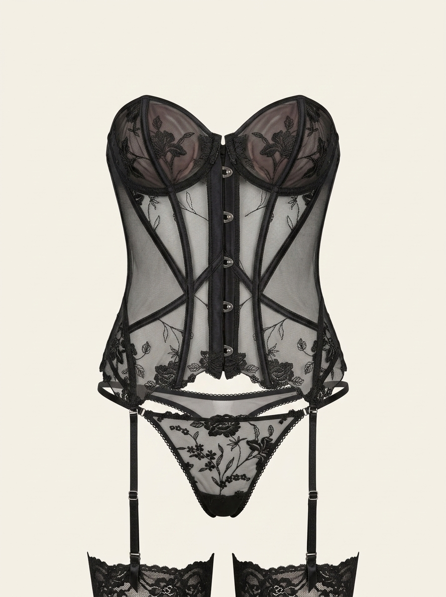 Floral Black Sheer Mesh Lingerie Set with Embroidery-Corset-Bellascena-Black-S-bellascena