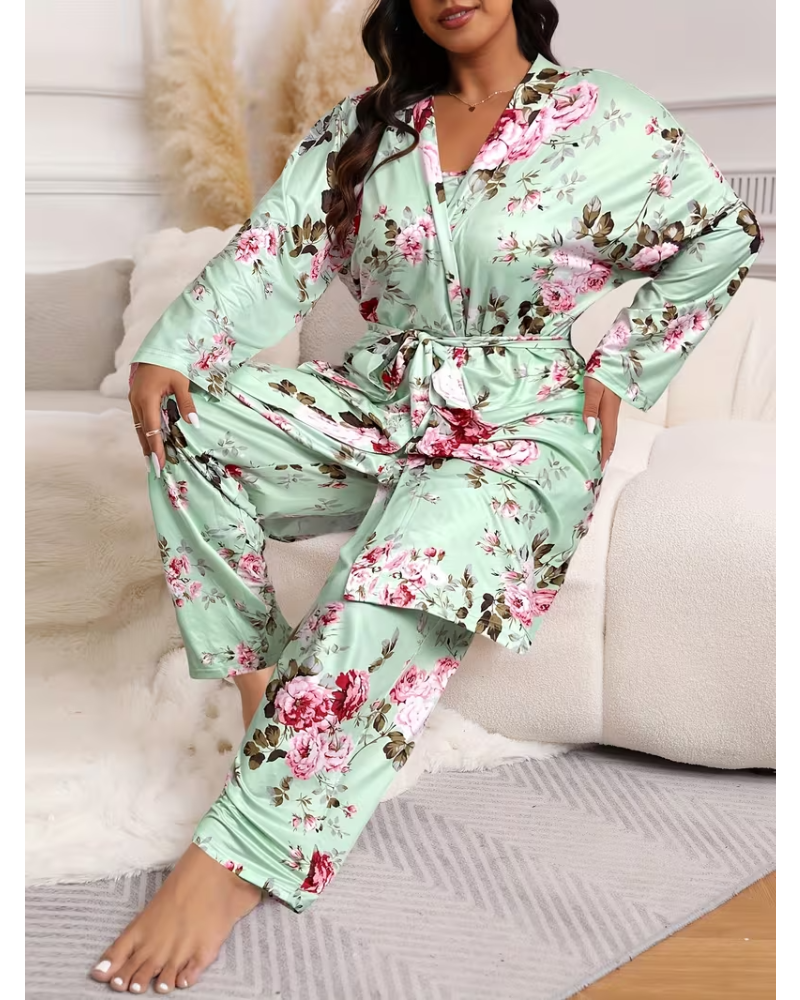 Floral Blue Cotton Pajama Set with Tie Belt-Pajama Set-Bellascena-bellascena