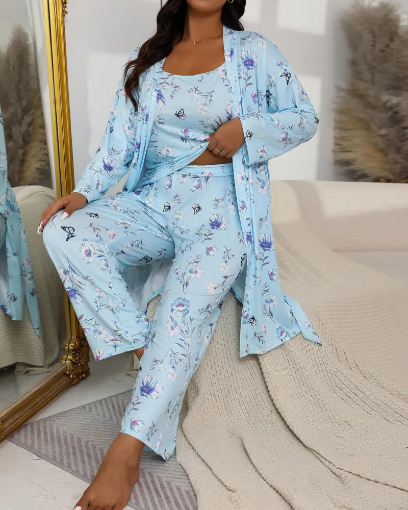 Floral Blue Cotton Pajama Set with Tie Belt-Pajama Set-Bellascena-bellascena