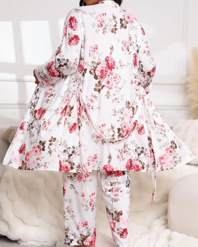 Floral Blue Cotton Pajama Set with Tie Belt-Pajama Set-Bellascena-bellascena