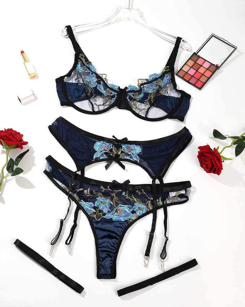 Floral Blue Embroidered Mesh Lingerie Set with Strappy Detail-Bra-Bellascena-bellascena