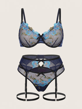 Floral Blue Embroidered Mesh Lingerie Set with Strappy Detail-Bra-Bellascena-Blue-XL-bellascena