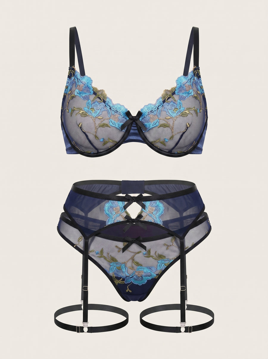 Floral Blue Embroidered Mesh Lingerie Set with Strappy Detail-Bra-Bellascena-Blue-XL-bellascena