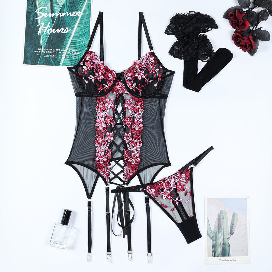 Floral Blue Embroidered Mesh Lingerie Set with Strappy Details-Lingerie Set-Bellascena-bellascena