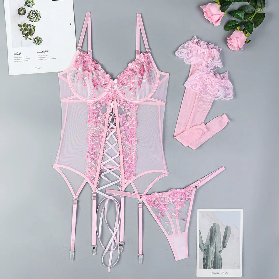 Floral Blue Embroidered Mesh Lingerie Set with Strappy Details-Lingerie Set-Bellascena-bellascena