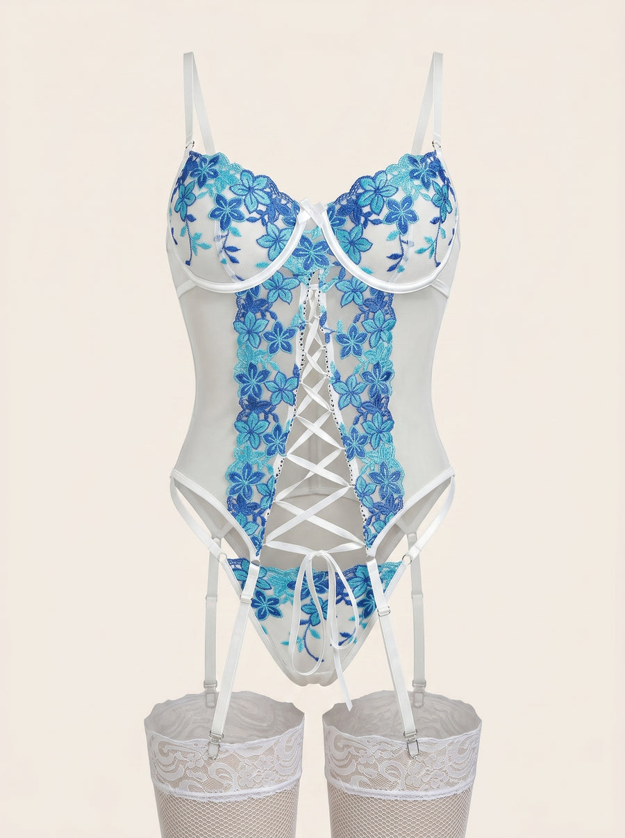 Floral Blue Embroidered Mesh Lingerie Set with Strappy Details-Lingerie Set-Bellascena-Blue-S-bellascena