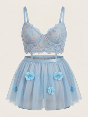 Floral Blue Embroidered Mesh Nightgown with Scalloped Edges-Nightgown-Bellascena-Blue-XL-bellascena