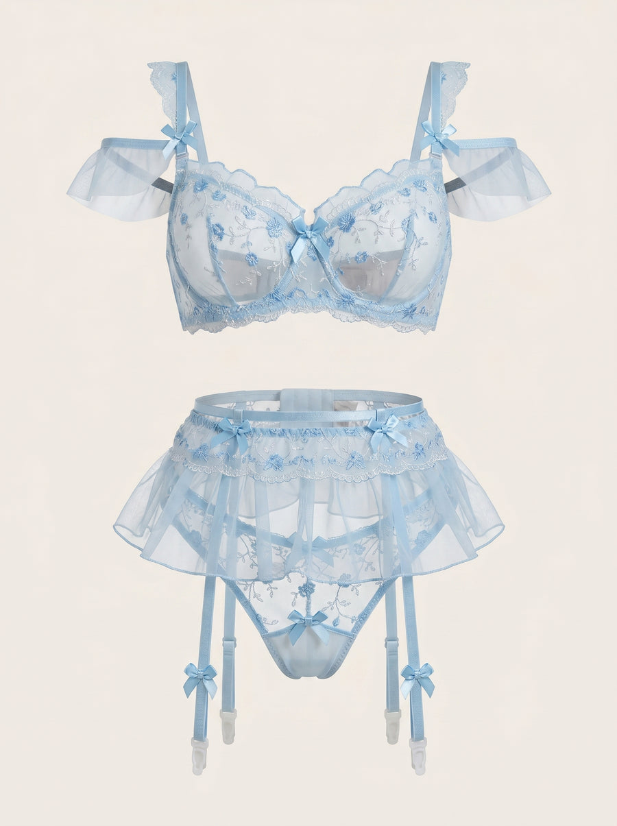 Floral Blue Lace Garter Belt Set with Ruffle Detail-Lingerie Set-Bellascena-Light Blue-S-bellascena