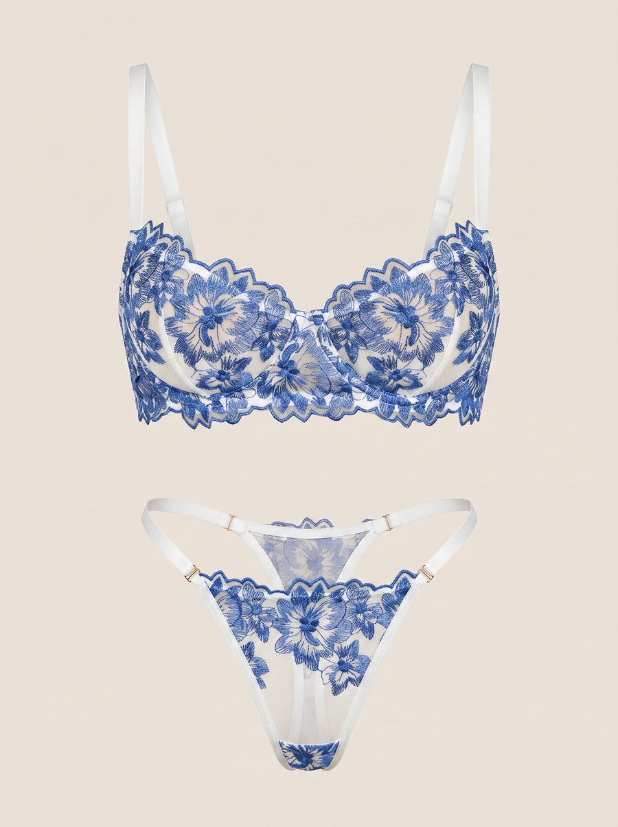 Floral Blue Lace Lingerie Set with Strappy Elegance-Lingerie Set-Bellascena-S-Blue-bellascena