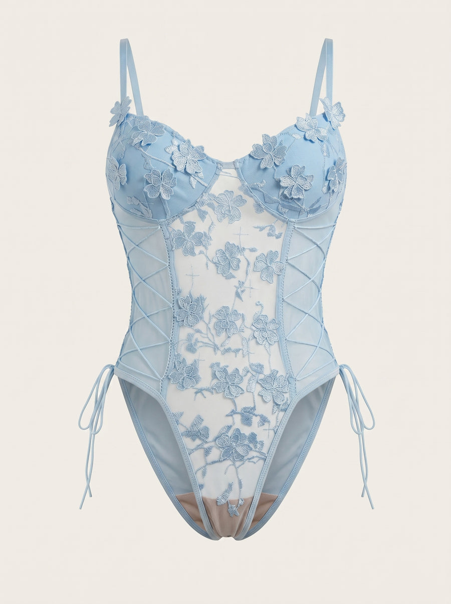 Floral Blue Mesh Bodysuit with Lace-Up Sides-Bodysuit-Bellascena-Light Blue-S-bellascena