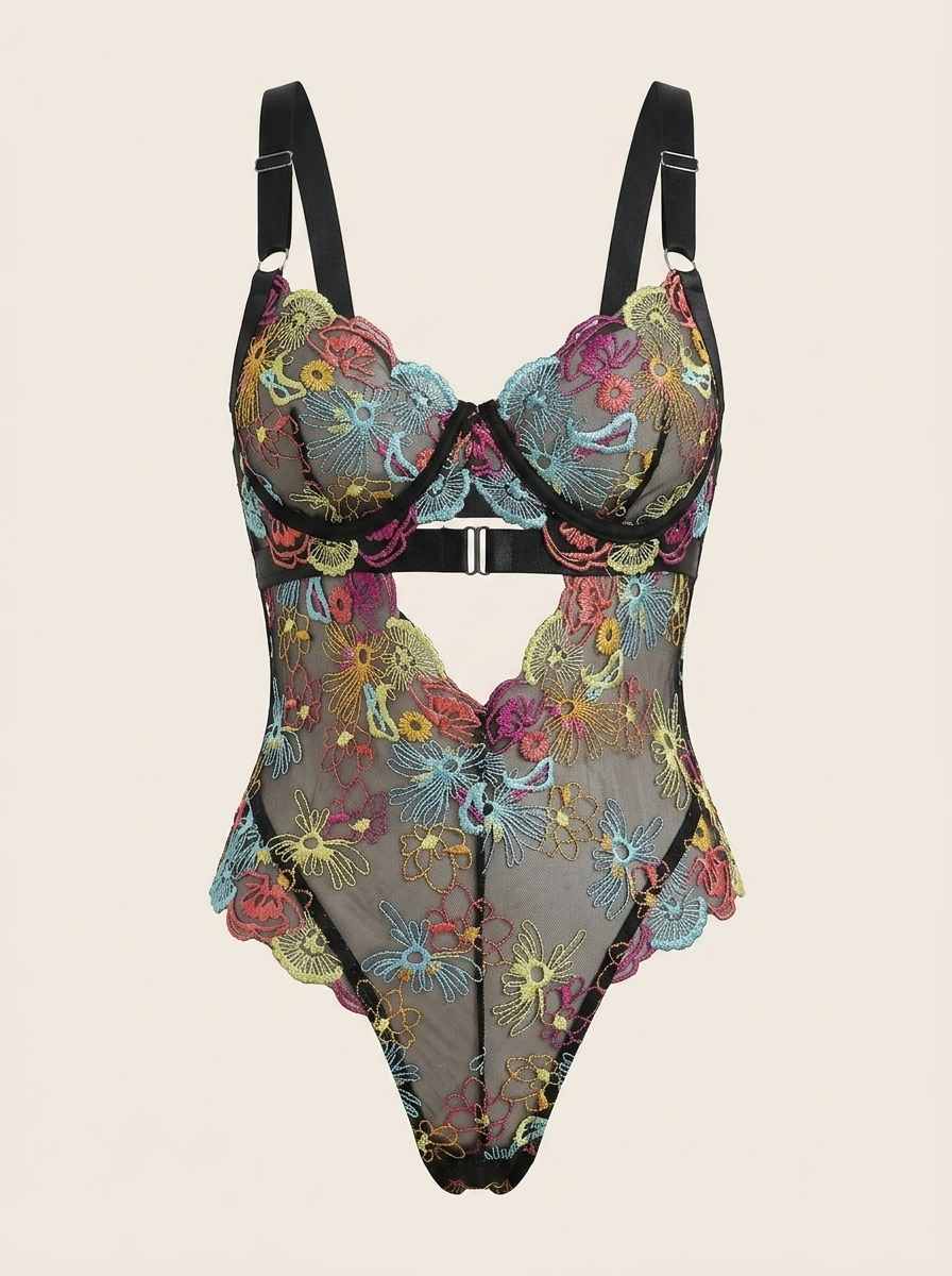 Floral Embroidered Mesh Bodysuit with Strappy Detail-Bodysuit-Bellascena-bellascena