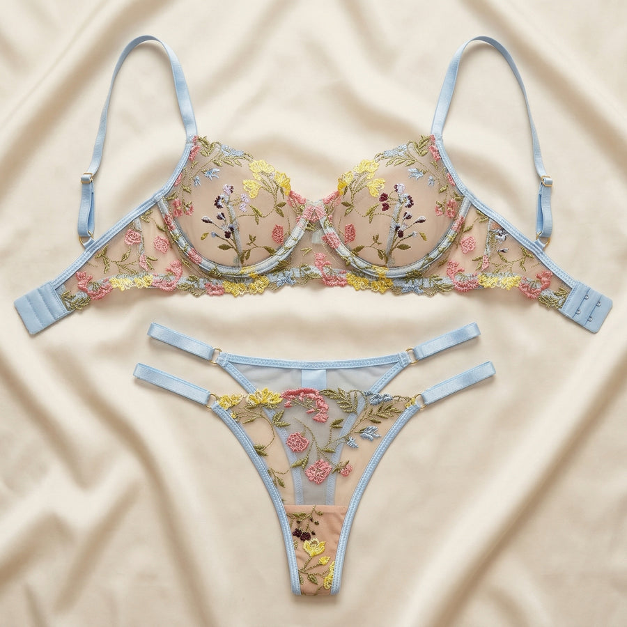 Floral Embroidered Mesh Lingerie Set with Sheer Elegance-Lingerie Set-Bellascena-bellascena