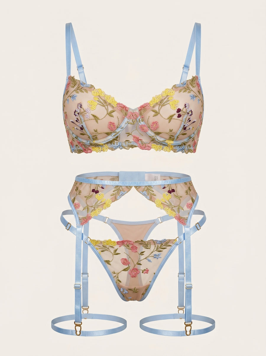 Floral Embroidered Mesh Lingerie Set with Sheer Elegance-Lingerie Set-Bellascena-bellascena