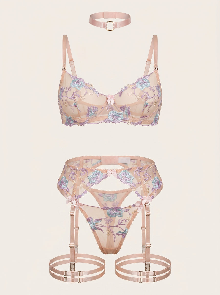 Floral Embroidered Mesh Lingerie Set with Strappy Elegance-Lingerie Set-Bellascena-bellascena