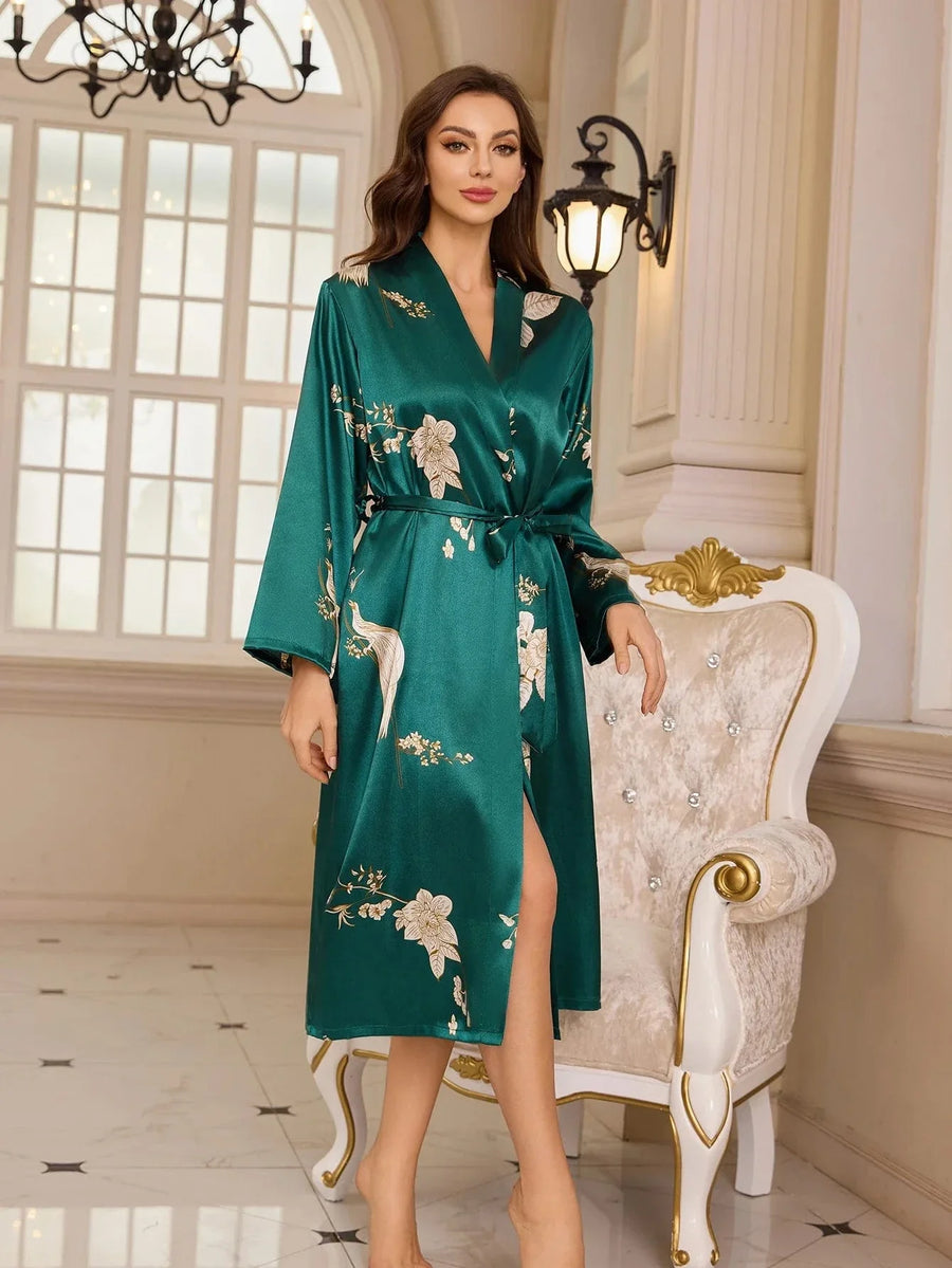 Floral Green Satin Kimono Robe with Tie Belt-Kimono Robe-Bellascena-bellascena