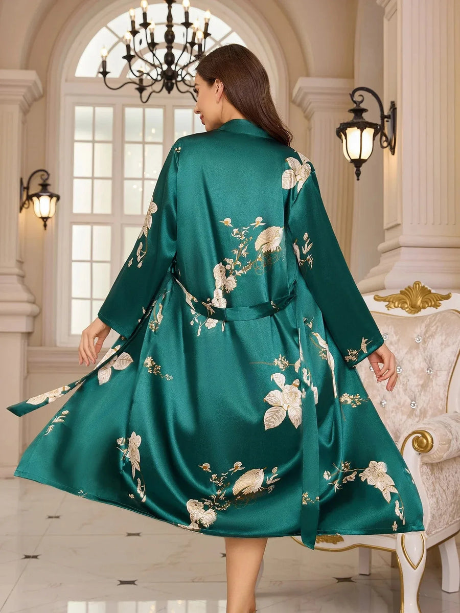 Floral Green Satin Kimono Robe with Tie Belt-Kimono Robe-Bellascena-bellascena