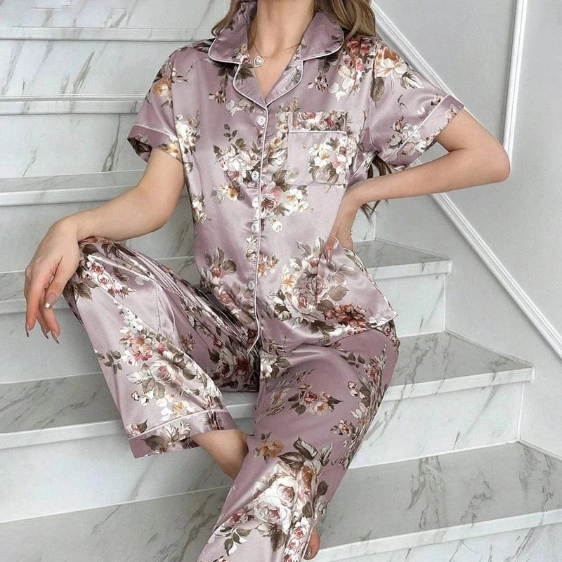 Floral Lavender Satin Pajama Set with Button-Front Detail-Pajama Set-Bellascena-bellascena
