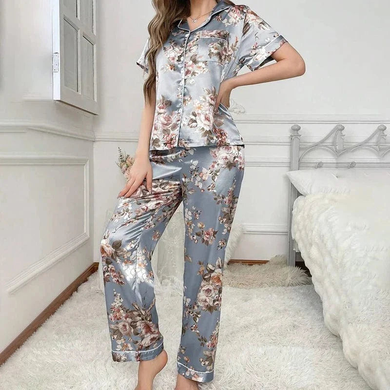 Floral Lavender Satin Pajama Set with Button-Front Detail-Pajama Set-Bellascena-Blue-S-bellascena