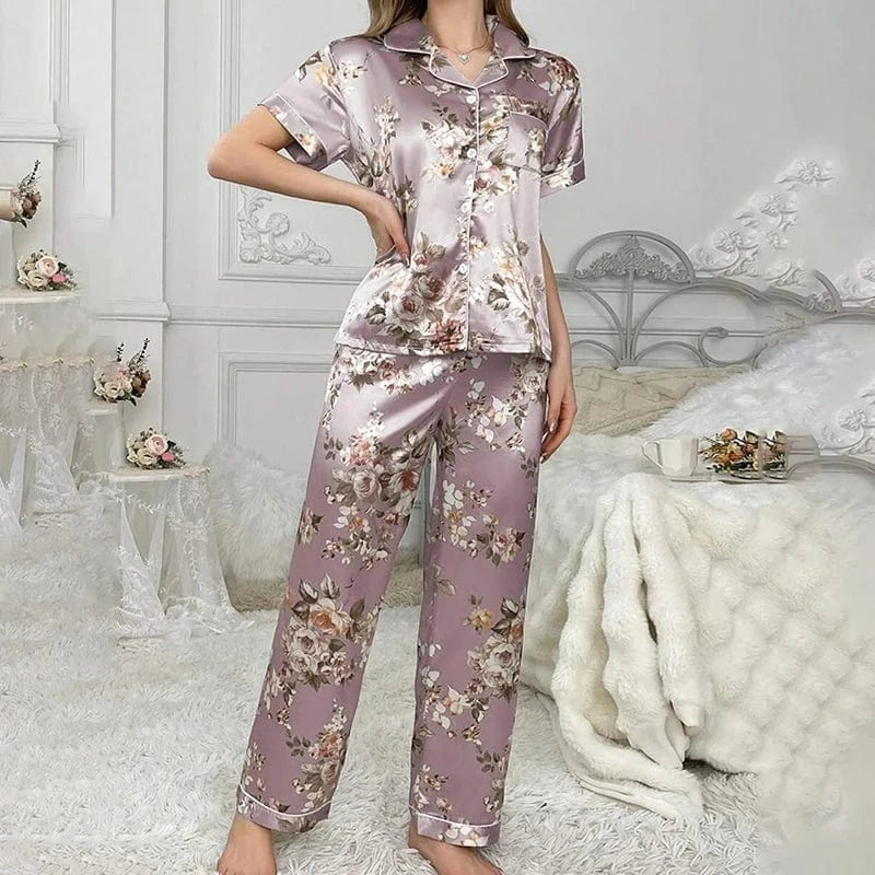 Floral Lavender Satin Pajama Set with Button-Front Detail-Pajama Set-Bellascena-Purple-S-bellascena