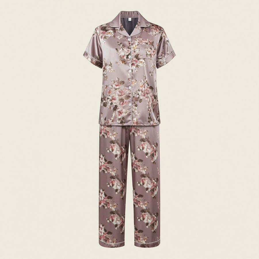 Floral Lavender Satin Pajama Set with Button-Front Detail-Pajama Set-Bellascena-bellascena