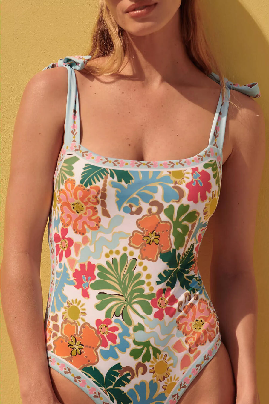Floral Multicolor Synthetic One-Piece Swimsuit with Tie Shoulder-One-Piece Swimsuit-Bellascena-bellascena