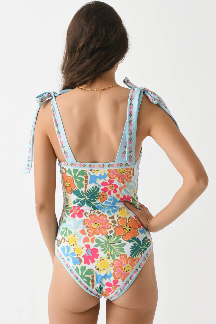 Floral Multicolor Synthetic One-Piece Swimsuit with Tie Shoulder-One-Piece Swimsuit-Bellascena-bellascena