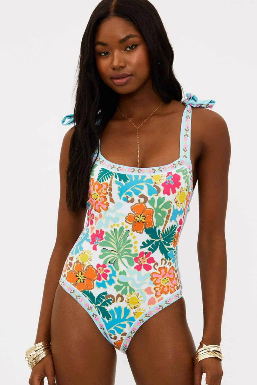 Floral Multicolor Synthetic One-Piece Swimsuit with Tie Shoulder-One-Piece Swimsuit-Bellascena-bellascena